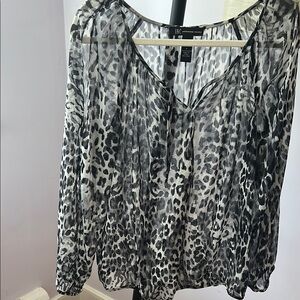 INC International Concepts Gray and Black Tie Front Long Sleeve Blouse